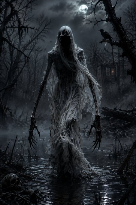 A gothic horror illustration featuring a ghostly figure in tattered white veil standing in a swamp under a full moon, with a crow perched on a branch and a skull in the foreground.