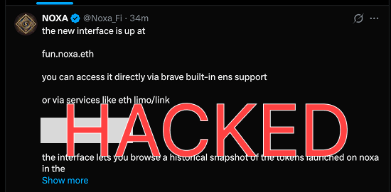 A tweet from @Noxa_Fi announces that a new interface is up at "fun.noxa.eth" for browsing a historical snapshot of tokens launched on Noxa, with a large red "HACKED" stamp overlaid across the image—suggesting that despite the launch announcement, the project has been compromised, which aligns with the warning not to use the Noxa/Robinhood chain meme launchpad.