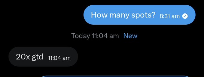 The image shows a text message exchange where someone asks "How many spots?" and receives the reply "20x gtd," referring to 20 guaranteed spots. This corresponds to the post's claim of securing 20 guaranteed spots for a Robinhood bluechip NFT project.