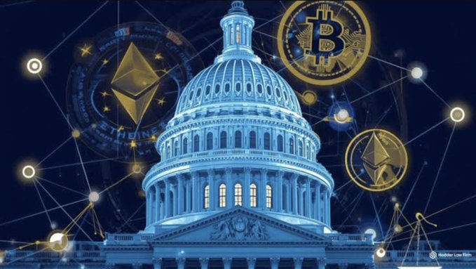 The image depicts the U.S. Capitol dome at night, surrounded by a digital network overlay featuring Bitcoin and Ethereum cryptocurrency symbols, visually connecting U.S. legislative action to crypto regulation. This aligns with the post discussing the stalled prospects of the Clarity Act, a bill aimed at establishing clearer federal frameworks for digital assets like Bitcoin and Ethereum, suggesting lawmakers may have set aside its passage in 2026.