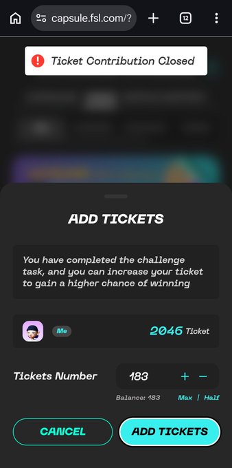 A mobile browser screenshot of capsule.fsl.com showing a 'Ticket Contribution Closed' message with an option to add 183 tickets to reach a 2046 ticket balance.