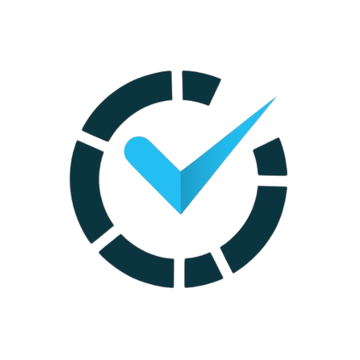 A circular logo with dark navy segments surrounding a bright blue checkmark in the center.