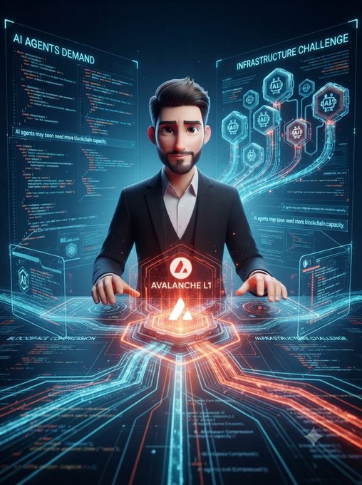 A digital illustration of a man in a suit interacting with a holographic Avalanche L1 interface, with text panels about AI agents demand and infrastructure challenges floating around him.