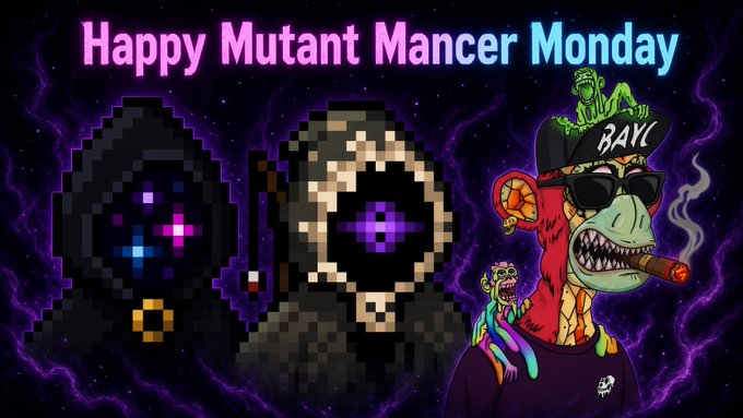 A colorful digital illustration titled 'Happy Mutant Mancer Monday' featuring a pixel-art hooded figure with a glowing purple eye alongside a BAYC-style monkey character smoking a cigar, set against a starry purple background.