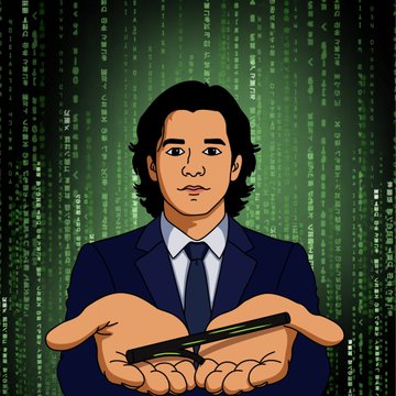 A stylized digital illustration of Vlad (resembling "Wojak" or "Chad" meme art) in a suit stands before a cascading green Matrix-style code background, holding a green stock ticker bar in his outstretched hands, visually representing the caption's theme of "$STOCKIMPALER" as the "gem of the Robinhood chain" and the "code to the future."