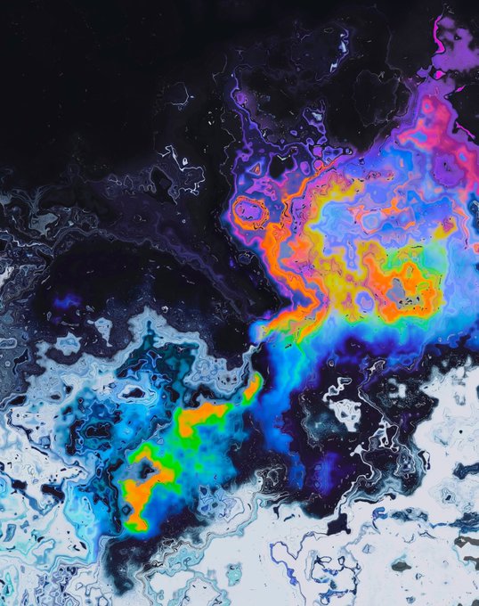 An abstract digital artwork with vibrant, fluid textures mixing dark blacks, bright pinks, blues, greens, and yellows in swirling patterns.