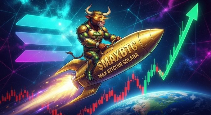 A crypto-themed digital artwork shows a muscular bull labeled 'MAX BITCOIN' riding a golden rocket labeled '$MAXBTC MAX BITCOIN SOLANA', with a rising green chart and Solana logo in the background.