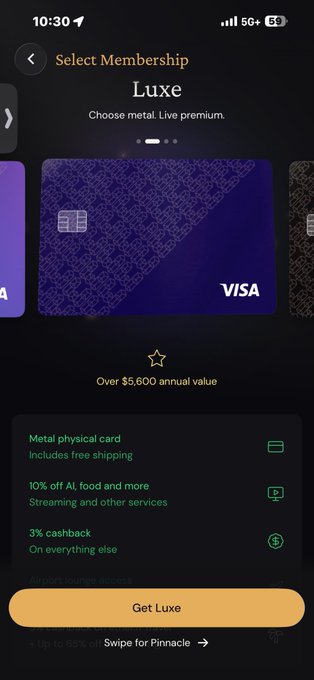 A mobile app screen titled 'Select Membership - Luxe' showing a purple Visa metal credit card with a claimed value 'Over $5,600 annual value' and a 'Get Luxe' button.