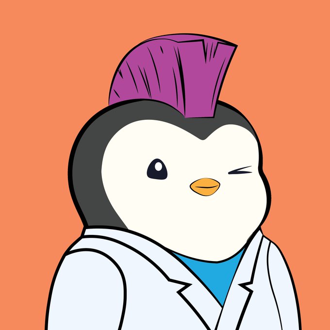 A cartoon penguin character with a purple mohawk, wearing a white lab coat over a blue shirt, winking and set against an orange background.