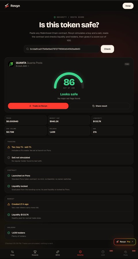 Screenshot of the 'Rovyn' crypto token security checker showing a safety score of '86' for 'QUANTA' token (Quanta Pools), with details including price $0.000980 and a 'Launched on Pons' contract.