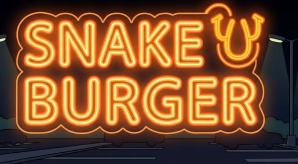 A glowing neon-style sign reading "SNAKE BURGER" in orange and yellow lettering against a dark background.