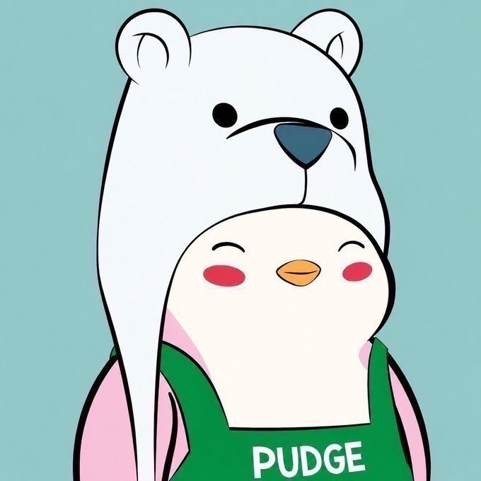 A cartoon illustration of a white polar bear hugging a small white penguin wearing a green hoodie that reads "PUUDGE", set against a teal background.