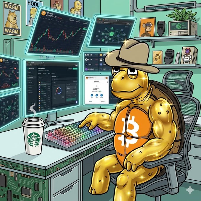 The image features a cartoon turtle sitting at a desk, wearing an orange suit and hat, and working on a computer keyboard. The turtle has a cup of coffee next to him, suggesting that he might be working late into the night or taking a break from his work. The background shows multiple computer monitors displaying stock market graphs, indicating that the turtle is likely involved in trading or financial analysis. The post also includes a link to another post about using Tria for trading tokens.
