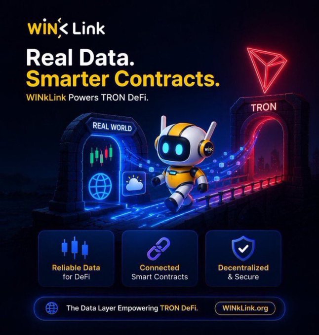 A promotional graphic for 'WINLink' features the tagline 'Real Data. Smarter Contracts.' and 'WINkLink Powers TRON DeFi.', highlighting 'Reliable Data for DeFi', 'Connected Smart Contracts', and 'Decentralized & Secure' features.