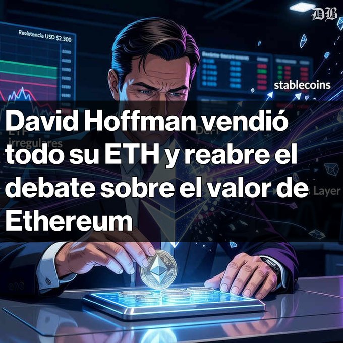 The image features a man sitting at a desk, holding an etherium coin over his tablet computer. The caption reads "David Hoffman vende todo suETH y provoca un debate intenso sobre Ethereum. El cofundador de Bankless separa el valor de ETH como activo del crecimiento de la red.éséstéo de Ethereum no se traduce en una revalorización del token." The man is using the tablet to display an etherium coin, and he appears to be engaged in a discussion or debate about the cryptocurrency market.