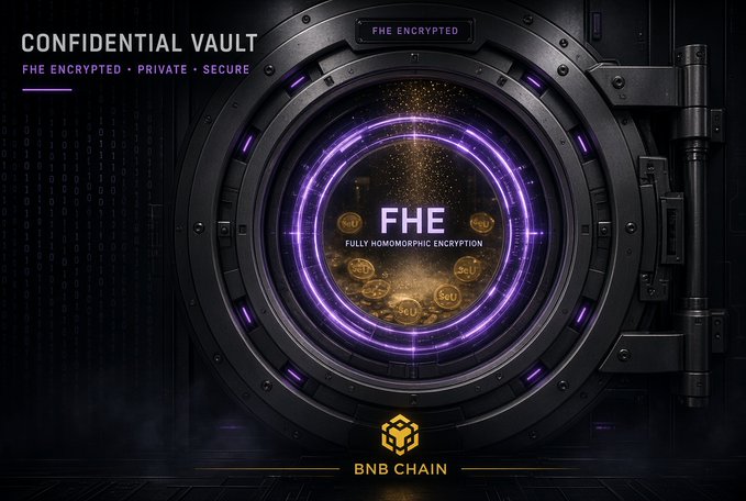 The image shows a dark, futuristic bank vault emblazoned with "FHE ENCRYPTED" and "CONFIDENTIAL VAULT" alongside the BNB Chain logo at the bottom, visually reinforcing the launch of Primus Labs' Confidential Finance features—specifically the encrypted stable $eU and a Confidential Vault enabling yield generation with encrypted data on BNB Chain.