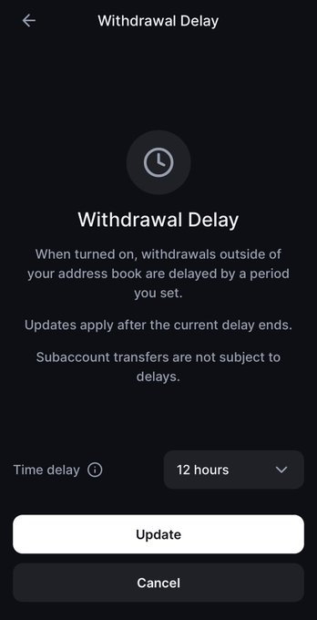 The image shows a "Withdrawal Delay" settings screen with a 12-hour time delay option, an Update button, and a Cancel button. The screen explains that this optional security feature delays withdrawals outside of the user's address book for a set period, addressing the FUD by demonstrating that the delay is a user-controlled safety measure users can adjust as needed.