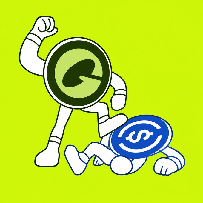 A cartoon illustration showing a green coin character with a 'Q' symbol punching and defeating a blue USDC coin character on a yellow background.