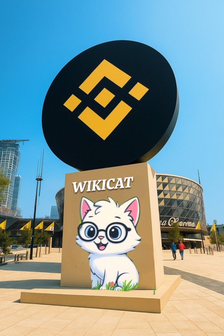 An outdoor promotional display featuring the Binance logo on a large circular sign above a "WIKICAT" standee with a cartoon white cat wearing glasses, set against a cityscape backdrop.