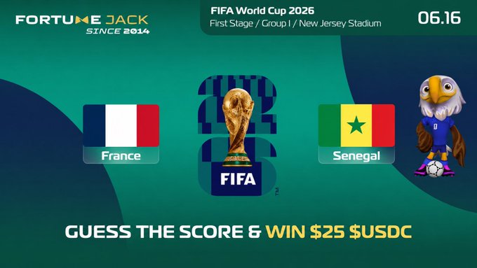 The image features a banner advertising a guessing game for the score of a football match between France and Senegal, with the chance to win $25 USDC if you guess correctly. The advertisement also includes the text "GUESS THE SCORE & WIN $25 $USDC drop your guesses in the comment section" which suggests that players or fans can contribute to the guessing process by entering their scores for the match into the system.