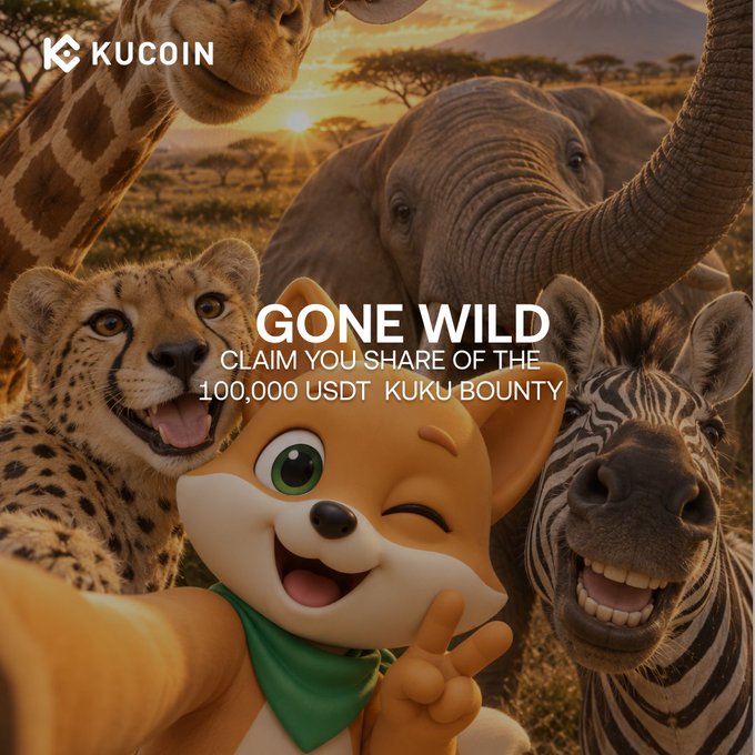 A cartoon fox character from the KuKu Universe poses for a selfie alongside a giraffe, elephant, cheetah, and zebra in an African savanna setting at sunset, promoting KuCoin's "GONE WILD" campaign with a "100,000 USDT KUKU BOUNTY" where users can earn a badge by posting selfies in the wild and tagging @KuCoinCom with #KuKuUniverse.
