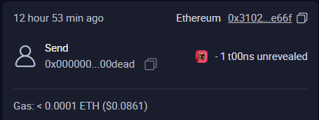 The image shows an Ethereum transaction from 12 hours ago where a user sent an NFT to the burn address 0x000000...00dead, incurring less than 0.0001 ETH ($0.0861) in gas fees. This visually documents the user's regretful decision to burn a perfectly fine NFT due to speculation, tying directly into their post about being "t00ntardio" and letting fear drive them to unnecessarily destroy a holding in hopes of future gains.
