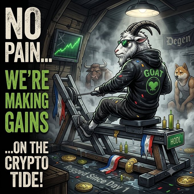 Crypto-themed illustration with the caption 'NO PAIN... WE'RE MAKING GAINS...ON THE CRYPTO TIDE!' depicting a goat wearing sunglasses and a 'GOAT' hoodie working out on a HODL-branded bench press, with a 'Degen' flag and 'Rugged Since Day 1' floor text.