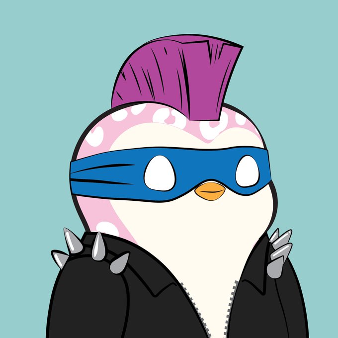 A cartoon illustration of a punk-style penguin with a purple mohawk, blue eye mask, and black spiked leather jacket against a teal background.