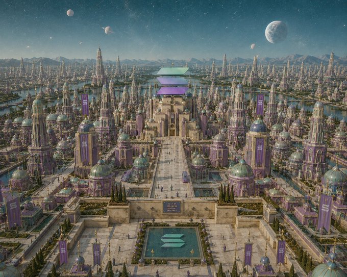 A detailed fantasy digital painting of an enormous palace city with pink and teal domes, purple banners, reflecting pools, and a Solana logo floating above it.