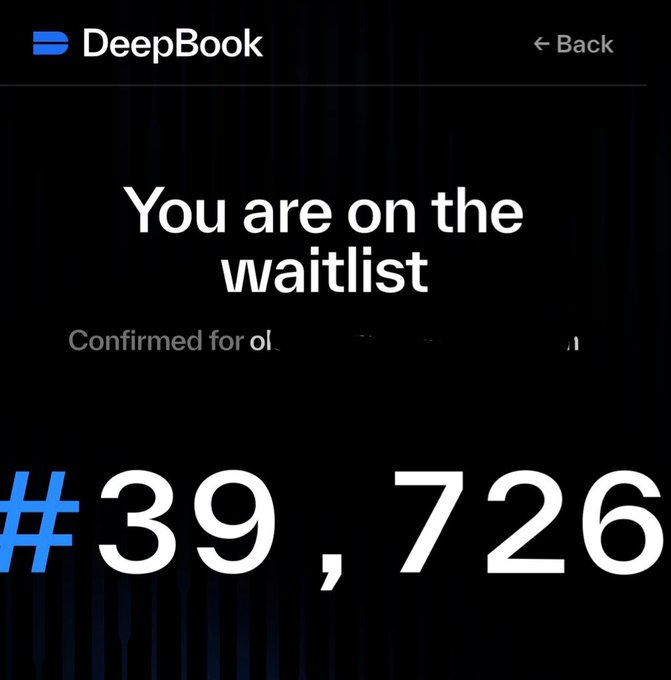 The image shows a phone screen with a message from DeepBook about a confirmed waitlist for an account holder named @DeepBookonSui. The text indicates that the user has been confirmed for their waitlist, which means they will receive updates on the status of their claim in the next few days.