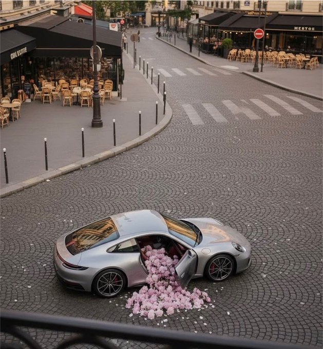 A silver Porsche sports car parked on a cobblestone street in Paris with its door open and pink flowers spilling out onto the ground.