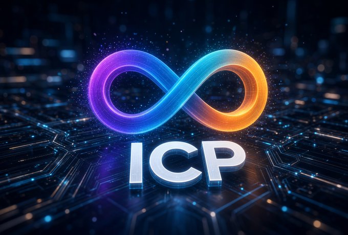 A glowing infinity symbol rendered in vibrant purple and orange sits above the bold "ICP" text, all set against a futuristic circuit board backdrop that evokes the project's blockchain and crypto identity. The image visually reinforces the post's bullish technical analysis of $ICP, symbolizing endless potential and upward momentum as the token attempts to break out of its descending trendline toward higher price targets.