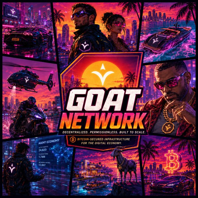 Promotional poster for 'GOAT NETWORK' - a Bitcoin-secured decentralized infrastructure platform, featuring vibrant 80s-style artwork with characters, vehicles, and a goat against a neon cityscape.