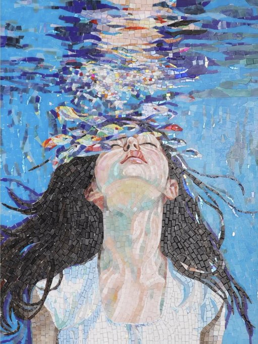 A mosaic-style painting shows a woman with closed eyes and her head tilted back underwater, as colorful fish-like shapes disperse from above her face through the rippling blue surface. The image evokes the feeling of burnout and being submerged under pressure, mirroring the accompanying post about the author feeling overwhelmed by work and new parenthood.