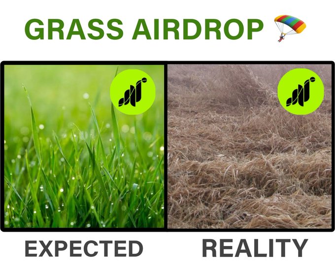 A "GRASS AIRDROP" meme contrasting the expected (lush green grass) with the reality (dry, dead grass), symbolizing disappointment with the Grass airdrop's Season 3 launch, as users had hoped for clarity on Season 2 allocations rather than a new farming season.