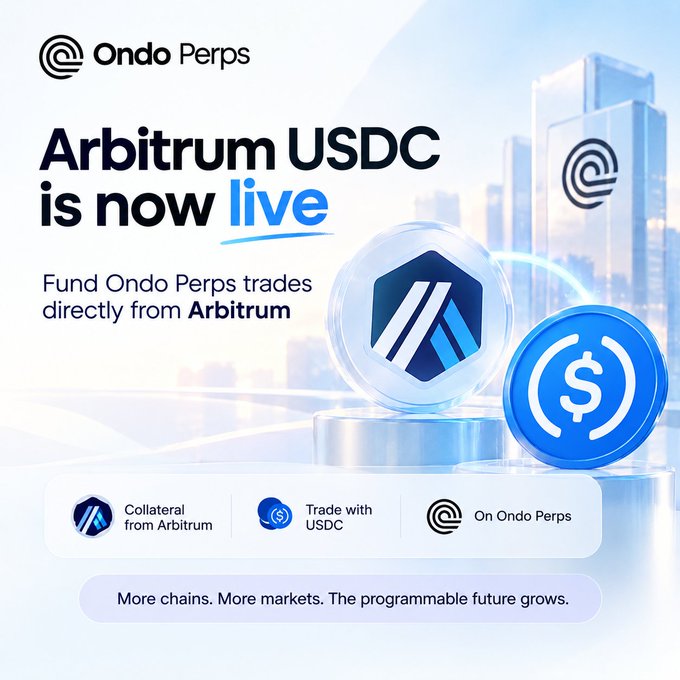 Promotional graphic reading 'Ondo Perps - Arbitrum USDC is now live' with text 'Fund Ondo Perps trades directly from Arbitrum' and tags: 'Collateral from Arbitrum', 'Trade with USDC', 'On Ondo Perps'.