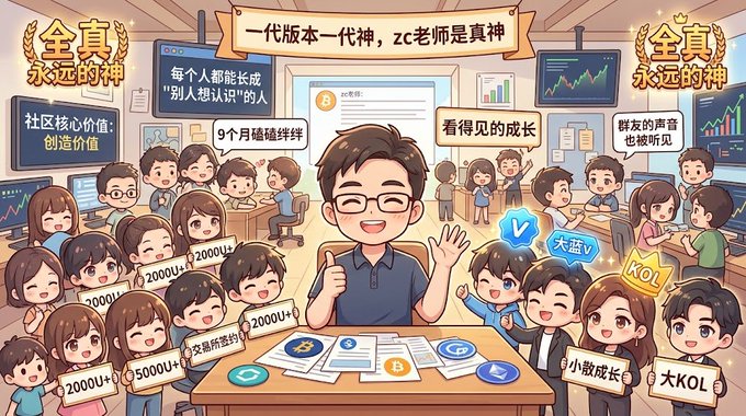 A cartoon-style illustration shows a smiling teacher character at the center of a bustling classroom filled with enthusiastic students, with Chinese text highlighting "全真永久的神" (Quanzhen is forever the god) and "zc老师是真神" (Teacher zc is the real god), alongside references to "9个月磕磕绊绊" (9 months of challenges), "看得见的成长" (visible growth), and growing follower counts like 20000+, 50000+, and "大蓝V" (big blue V) badges. The accompanying post expresses gratitude for the teacher's mentorship over nearly a year in the crypto community, and the image visually reflects this sentiment by depicting the teacher as a celebrated central figure surrounded by students who have grown in knowledge and reach under his guidance.