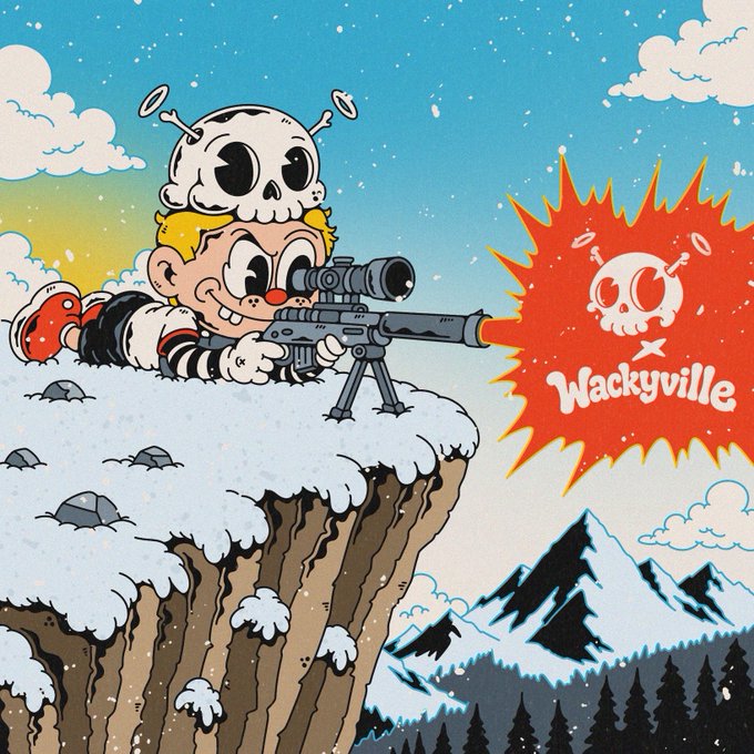 Cartoon illustration of a boy with a skull on his head wielding a sniper rifle, with text reading 'Wackyville'.
