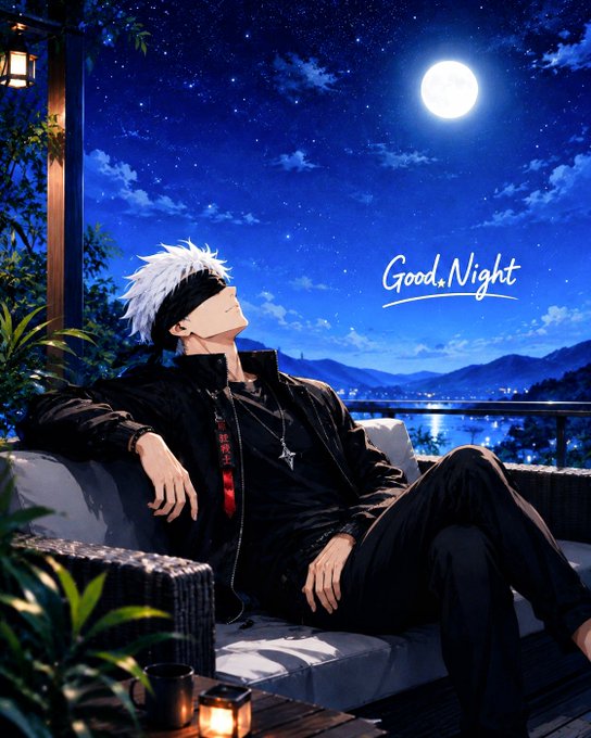 An anime character with white hair and a black blindfold reclines peacefully on an outdoor sofa under a starry night sky with a full moon, alongside the text "Good Night" written in elegant white script, perfectly complementing the post's "gn" (good night) message.