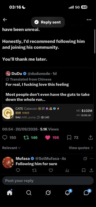 A screenshot of an X (Twitter) post reply from DuDu (@dudunode) discussing taking down the 'whole run,' with a GATE Catecoin ad displayed below.