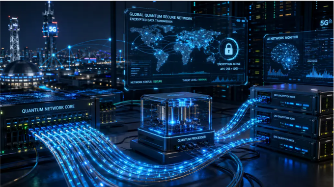 A futuristic digital illustration of a 'Global Quantum Secure Network' showing encrypted data transmission, a world map display, quantum processors, and 5G network monitoring equipment with glowing blue data streams.