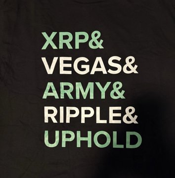 A dark t-shirt design with stacked text reading 'XRP& VEGAS& ARMY& RIPPLE& UPHOLD' in alternating teal and beige colors.