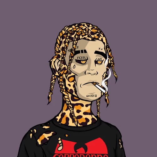 Digital illustration of a character with leopard-print hair and skin patterns, facial tattoos reading 'FEB', 'ART', 'GHOST', and 'XX', wearing a shirt with 'CORPORATED' text and smoking a cigarette.