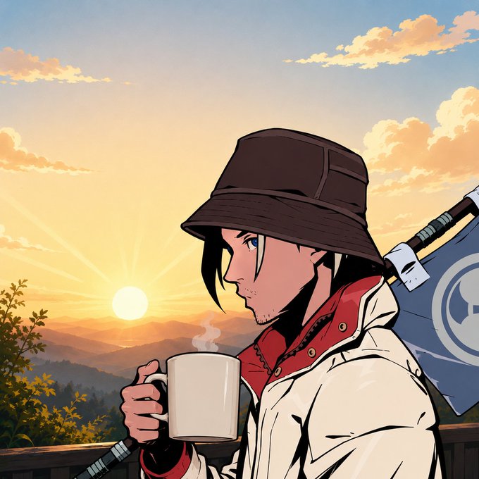 The image features a character standing next to a fence, holding a cup of coffee against a backdrop of a beautiful sunset over mountains. In the text below the image, there is a phrase that reads "GM future millionaires", which seems unrelated to the scene at hand. However, considering how the person in the image appears to be dressed nicely and potentially having a good time, it could imply that this individual might have a future where they become successful or affluent. Nevertheless, it's unclear if this person is actually drinking coffee or if it has any significance to the overall content of the image.