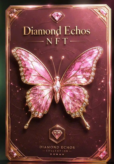 A digital collectible titled 'Diamond Echos NFT' featuring a pink diamond-encrusted butterfly design on a dark red background.
