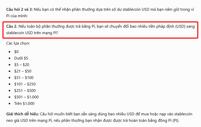 A screenshot of a Vietnamese-language Pi Network community survey asking how much USD users would convert into Pi stablecoins if rewards were paid in Pi, with selectable amounts ranging from $0 to over $1,000.