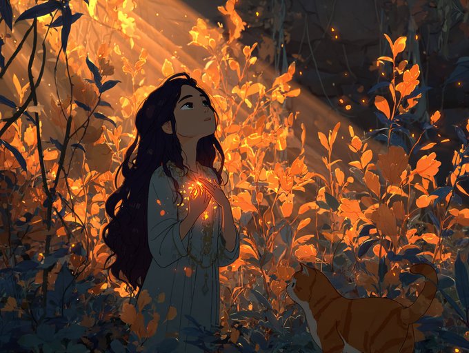 A digital illustration portrays a dark-haired woman holding a glowing object, bathed in golden light filtering through orange leaves, accompanied by an orange cat in the foreground.