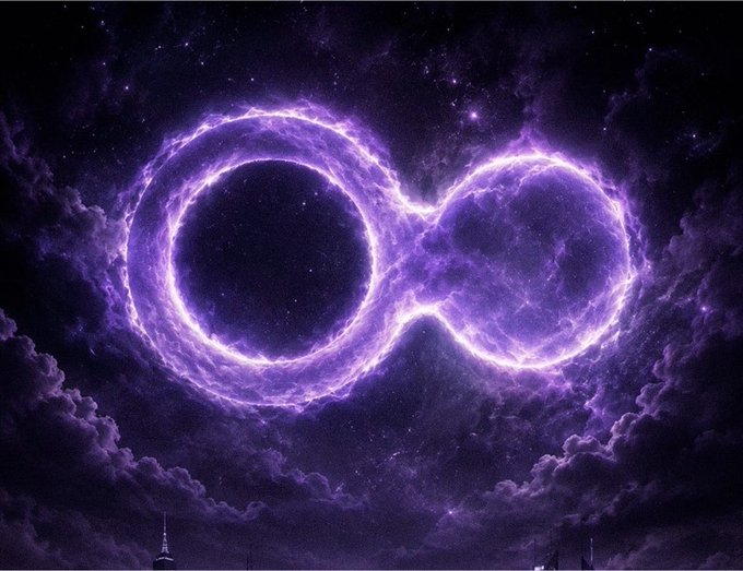 Digital artwork depicting a glowing purple energy portal in the shape of an infinity symbol or number 8 against a dark starry space background with clouds at the bottom.