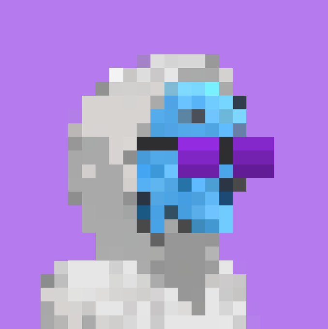 A pixelated digital artwork featuring a blue face or character against a purple background with grey/white elements.
