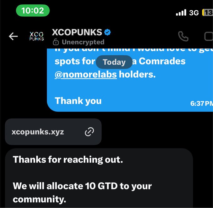 A Telegram chat with XCOPUNKS asking for GTD spots for Comrades @nomorelabs holders, with a reply stating 'Thanks for reaching out. We will allocate 10 GTD to your community.'